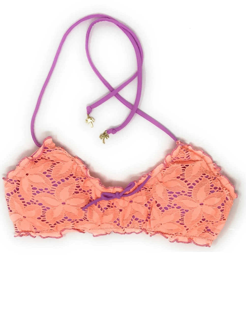 Victoria's Secret Bikini Top S Halter Swimsuit Coral Purple Lace Small Swimsuit